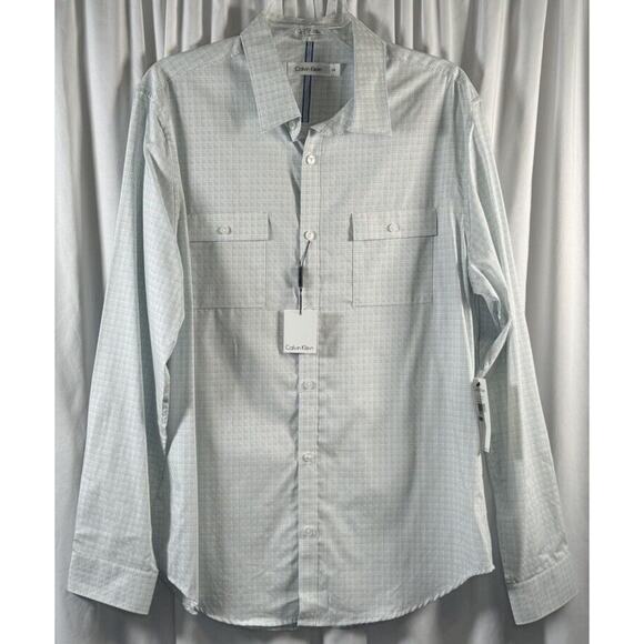 Calvin Klein NWT Plaid Cotton Flap Pocket Shirt White Blue L sustainable 77-16 - Picture 13 of 14